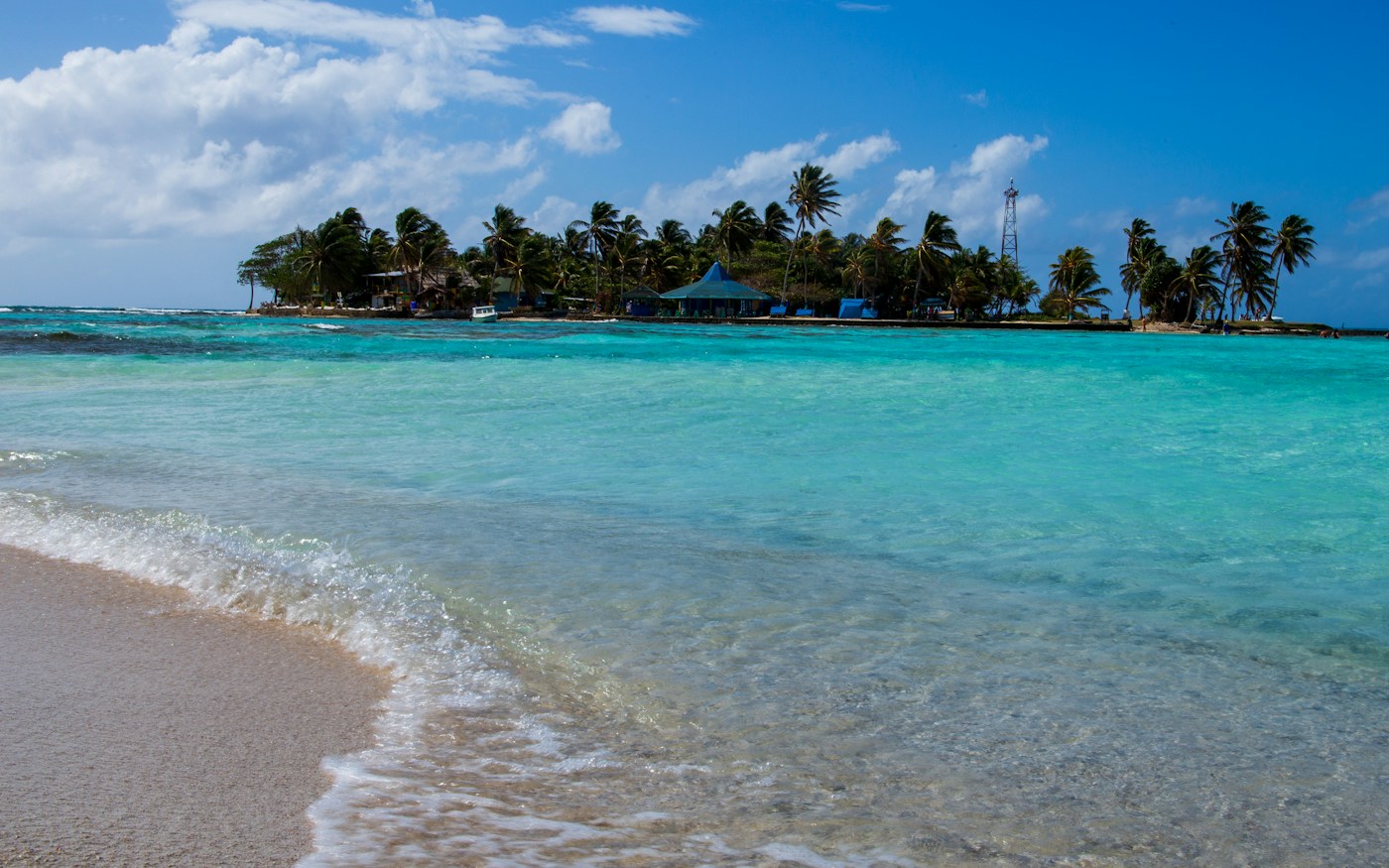 Playa de agua turquesa y palmeras en San Andrés